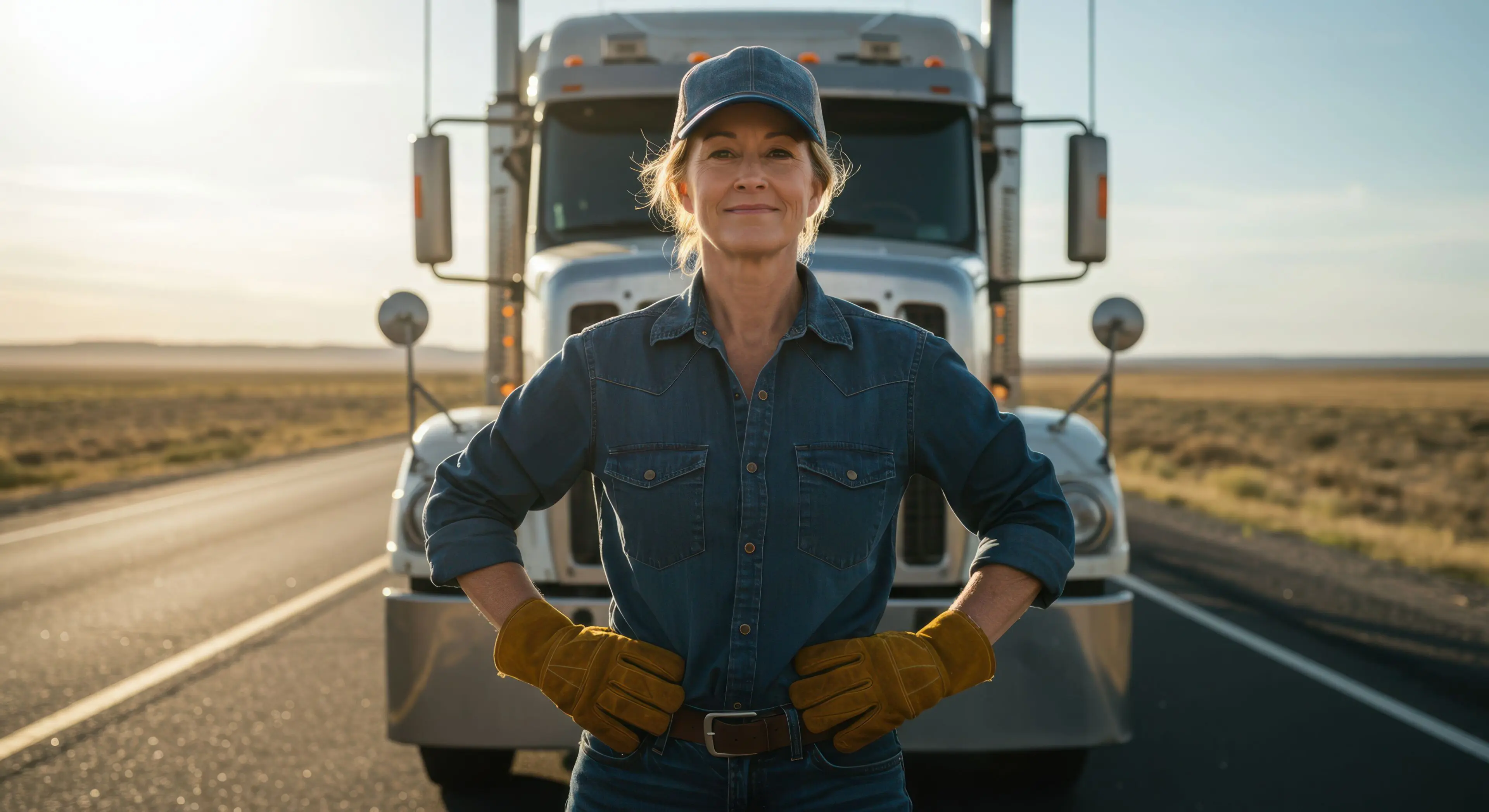 Confident adult caucasian female truck driver standing proudly on desert highway.
