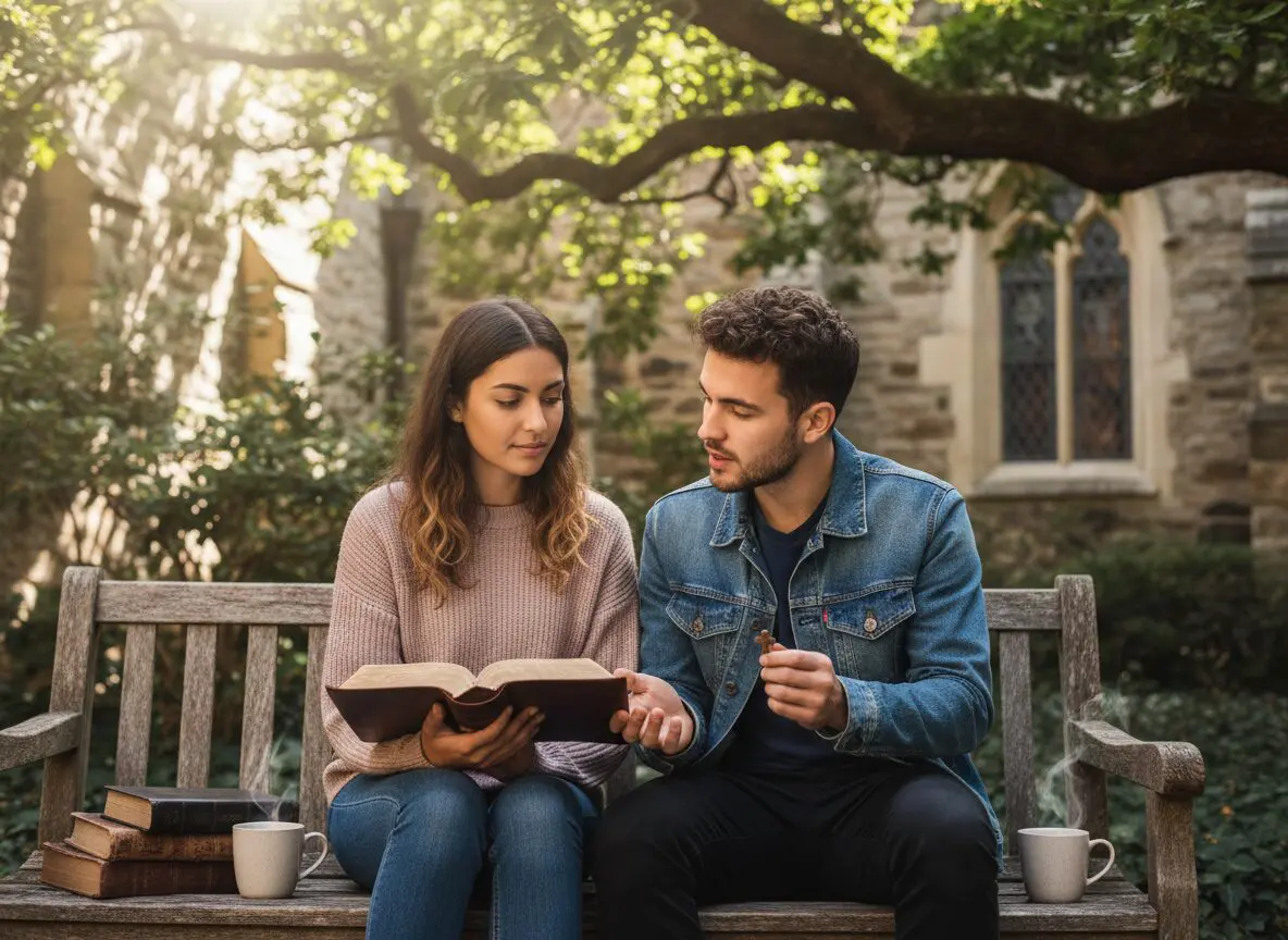 Couple reading books on a park bench.