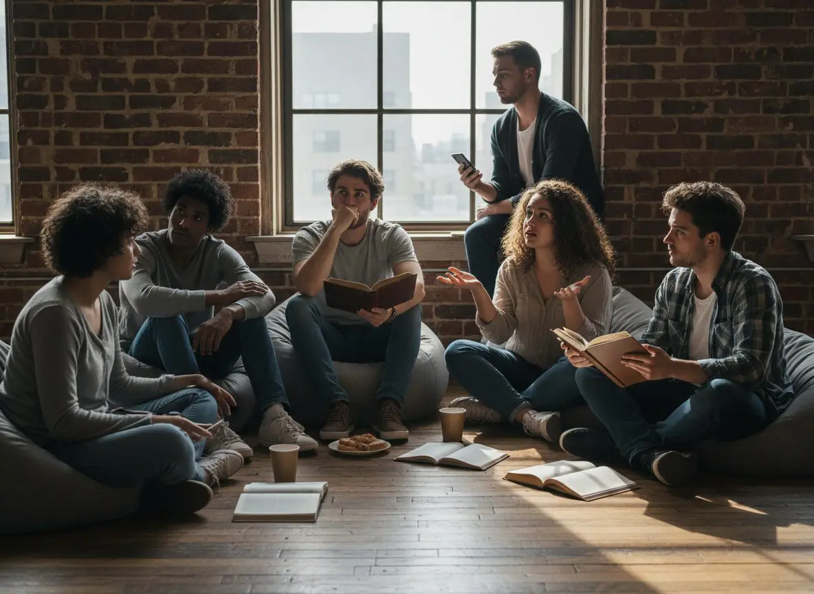 Group discussing books in cozy room.