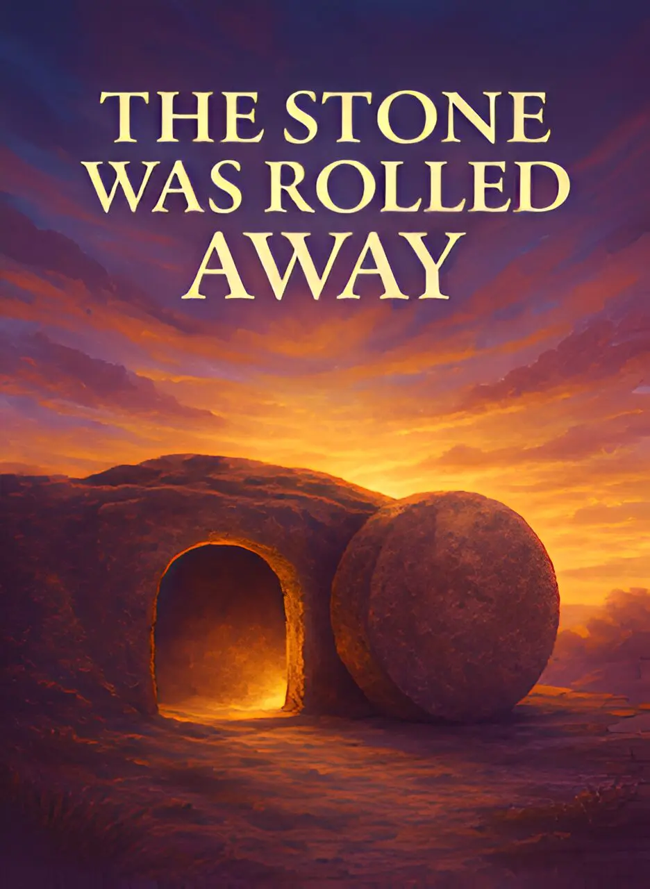 Sunset over empty tomb with rolled stone